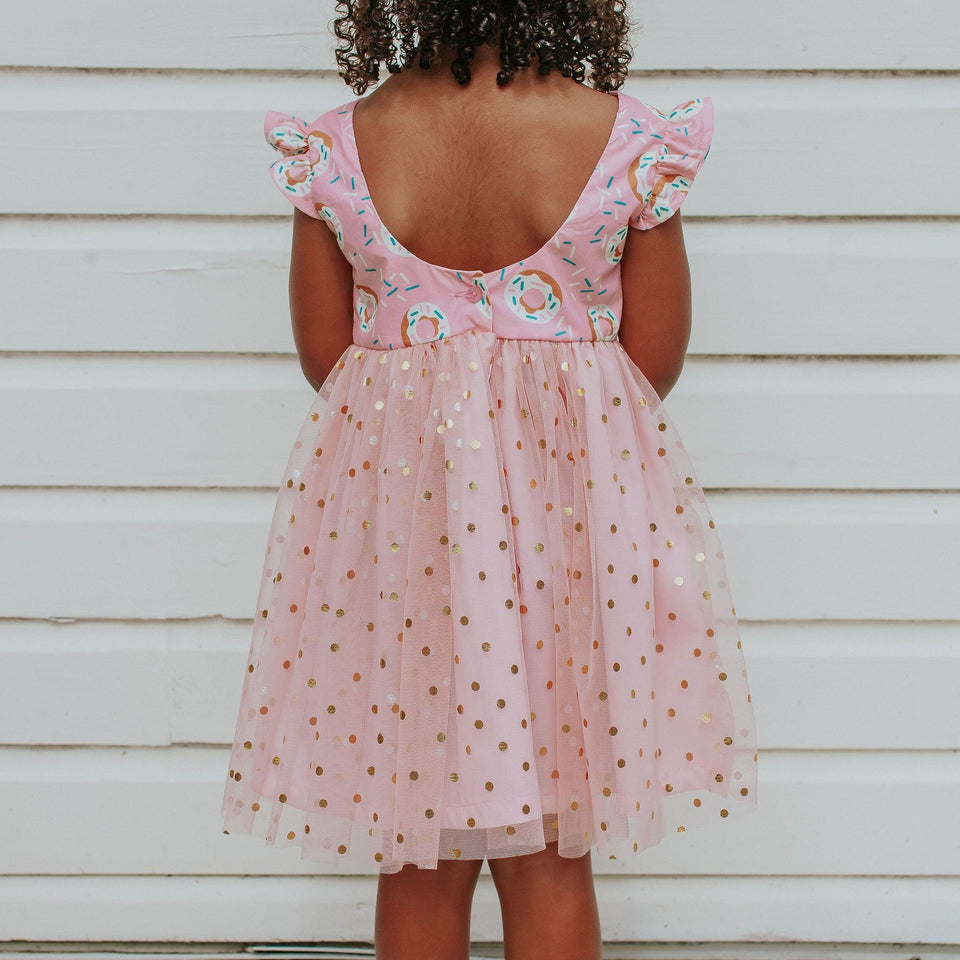 Little Girl's Pink Donut Print Scoop Back Tulle Twirl Dress