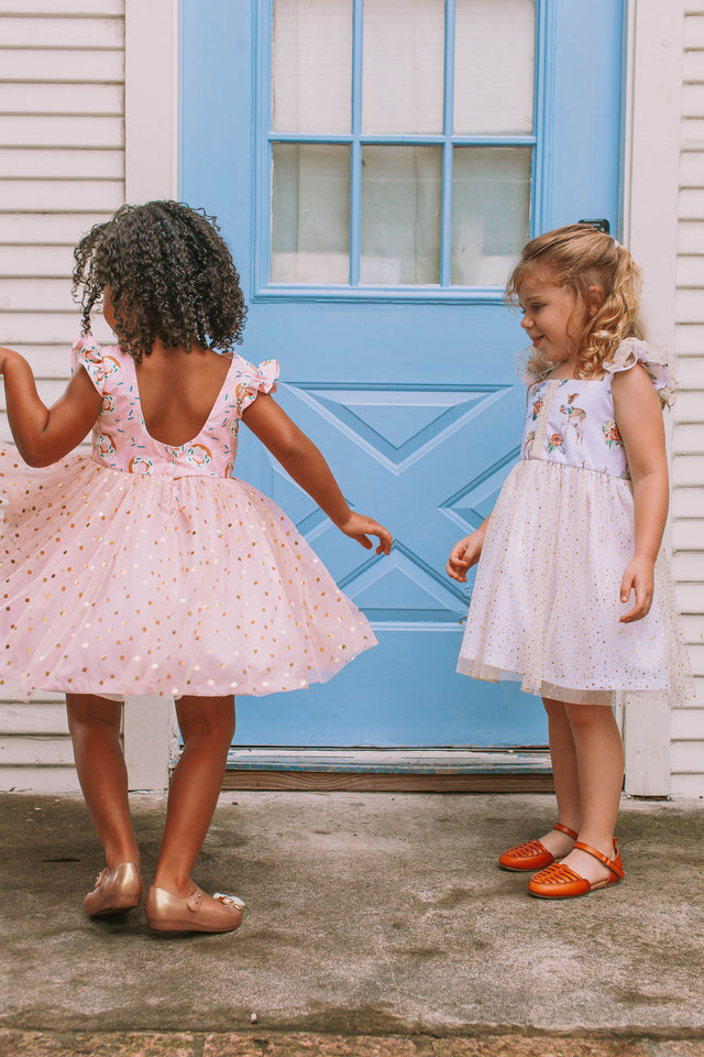 Little Girl's Pink Donut Print Scoop Back Tulle Twirl Dress