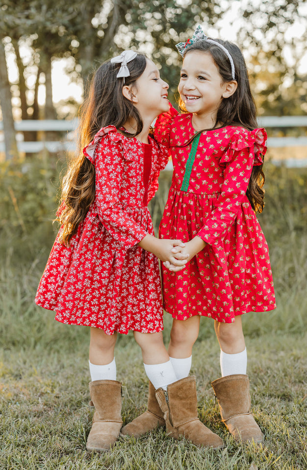 Little Girl's Red and Green Rose Print Christmas Dress with Green Trim