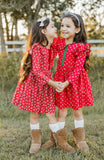 Little Girl's Red and Green Rose Print Christmas Dress with Green Trim
