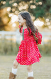 Little Girl's Red and Green Rose Print Christmas Dress with Green Trim