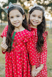 Little Girl's Red and Green Rose Print Christmas Dress with Green Trim