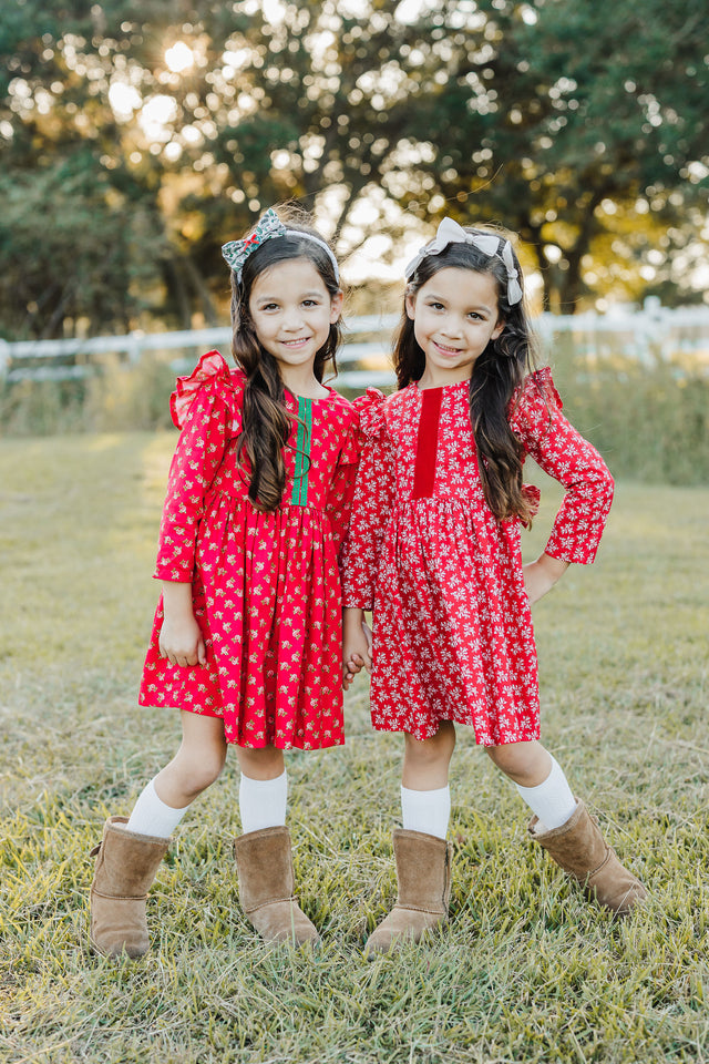 Little Girl's Red and Green Rose Print Christmas Dress with Green Trim