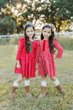 Little Girl's Red and Green Rose Print Christmas Dress with Green Trim