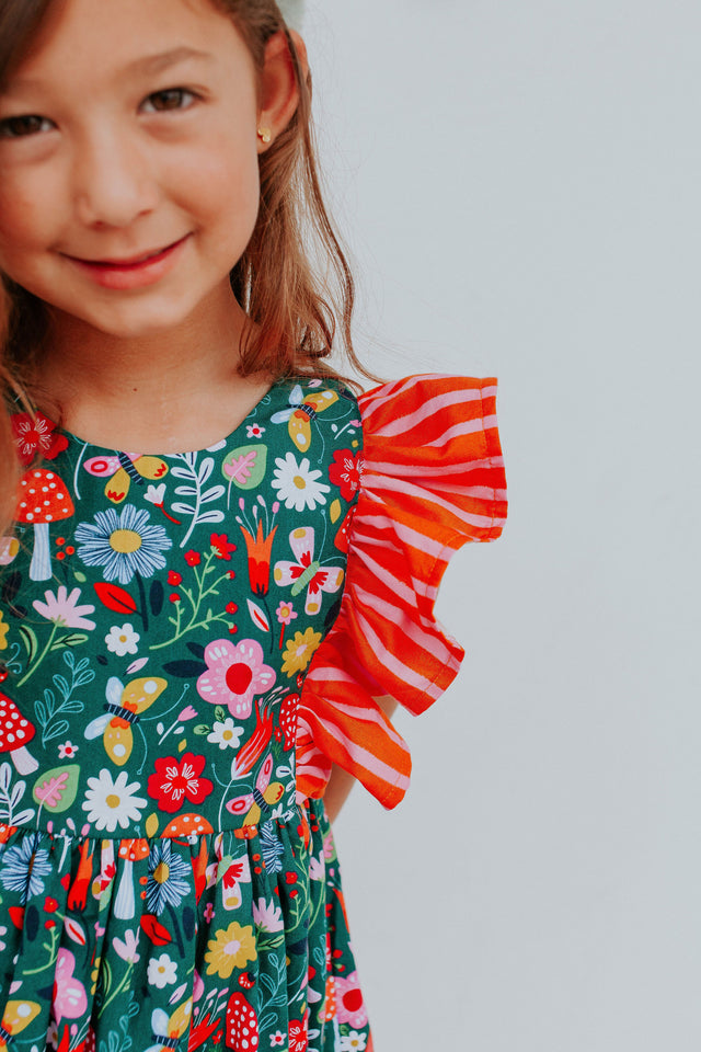 Little Girl's Floral and Stripe Twirl Pinafore Dress
