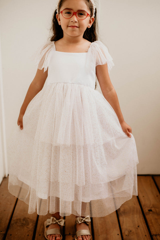 Little Girl's Gold Star Tiered Flower Girl Dress