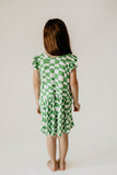 girls green and white plaid cotton jersey dress