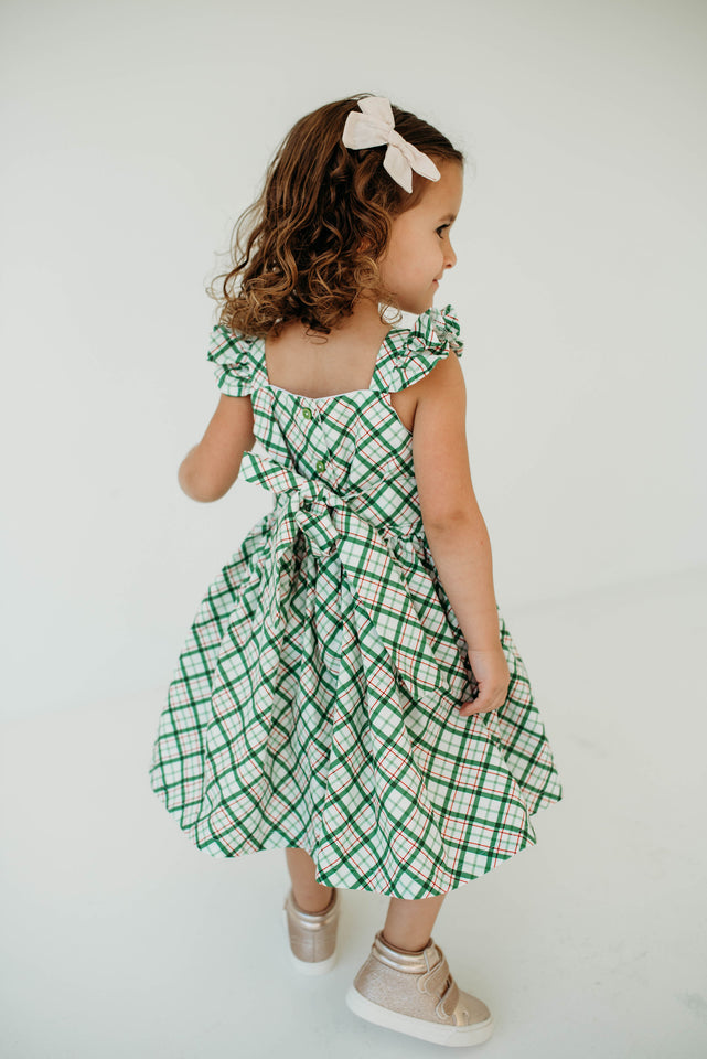 Little Girl's Green Tartan Flutter Sleeve Cotton Christmas Dress