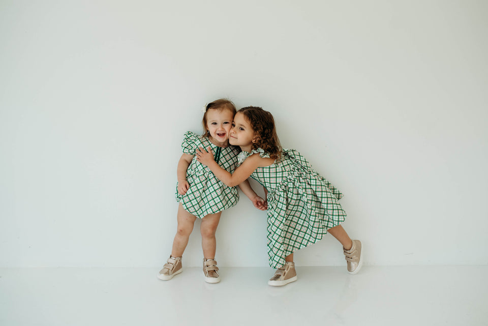 Little Girl's Green Tartan Flutter Sleeve Cotton Christmas Dress