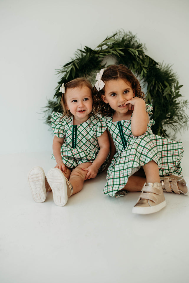 Little Girl's Green Tartan Flutter Sleeve Cotton Christmas Dress