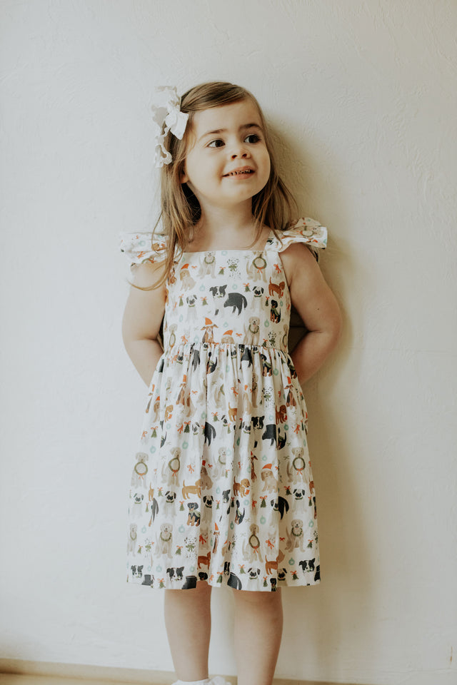 Little Girls Christmas Dog Print Ruffle Dress