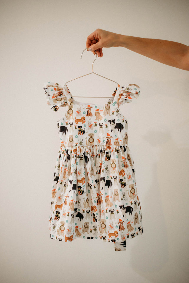 Little Girls Christmas Dog Print Ruffle Dress