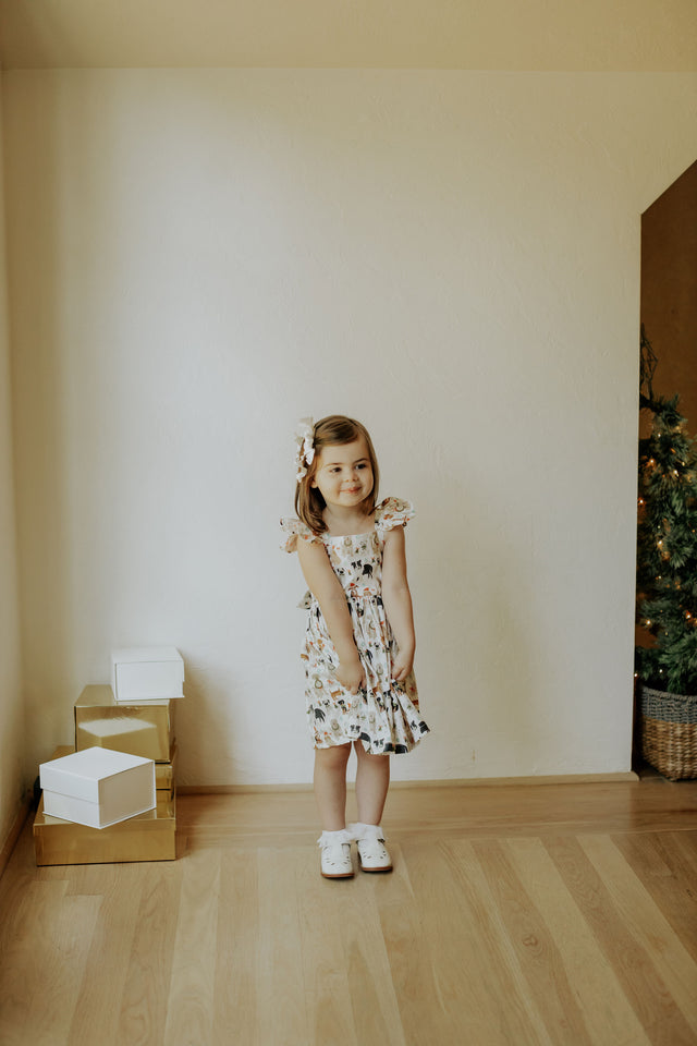 Little Girls Christmas Dog Print Ruffle Dress