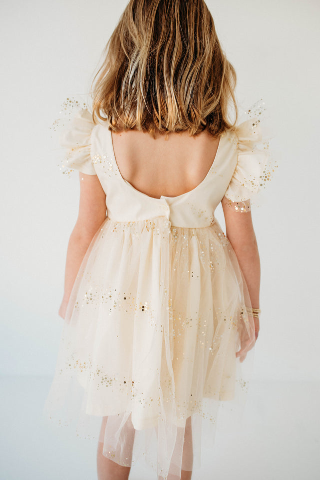 Little Girl's Ivory Tulle Sparkly Scoop Back Twirl Dress