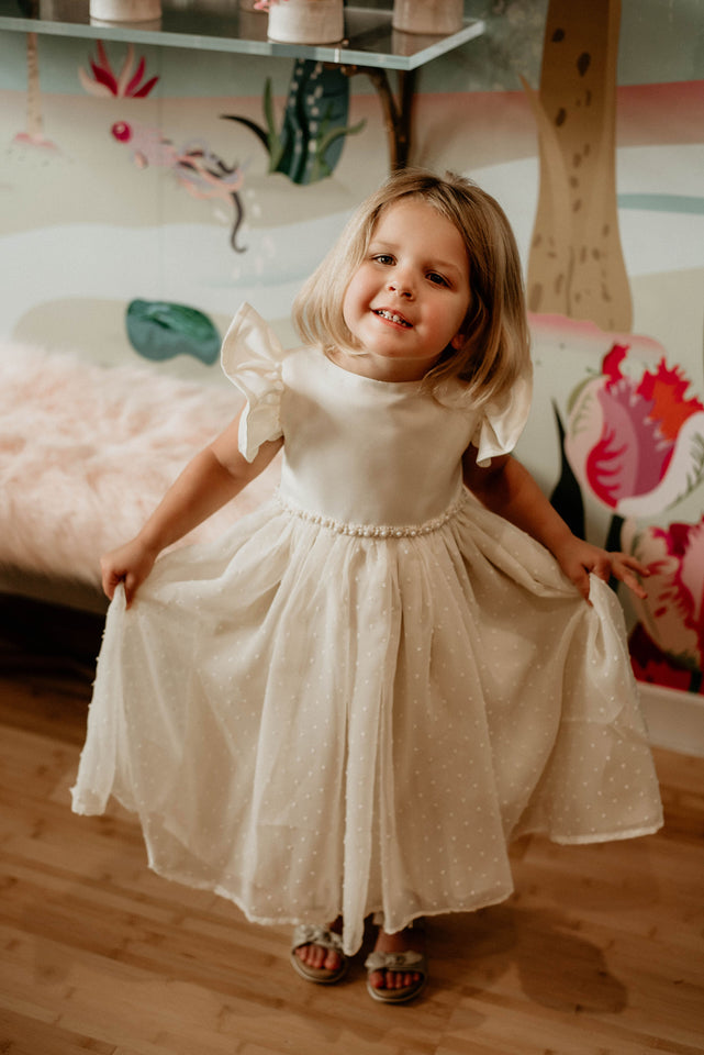 Little Girl's Ivory Swiss Dot Tulle Flower Girl Dress with Rhinestone Belt