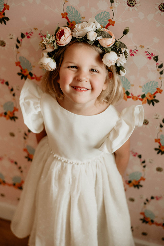 Little Girl's Ivory Swiss Dot Tulle Flower Girl Dress with Rhinestone Belt
