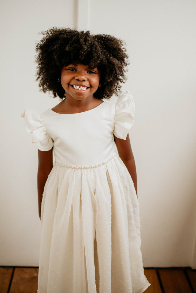 Little Girl's Ivory Swiss Dot Tulle Flower Girl Dress with Rhinestone Belt