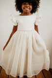 Little Girl's Ivory Swiss Dot Tulle Flower Girl Dress with Rhinestone Belt