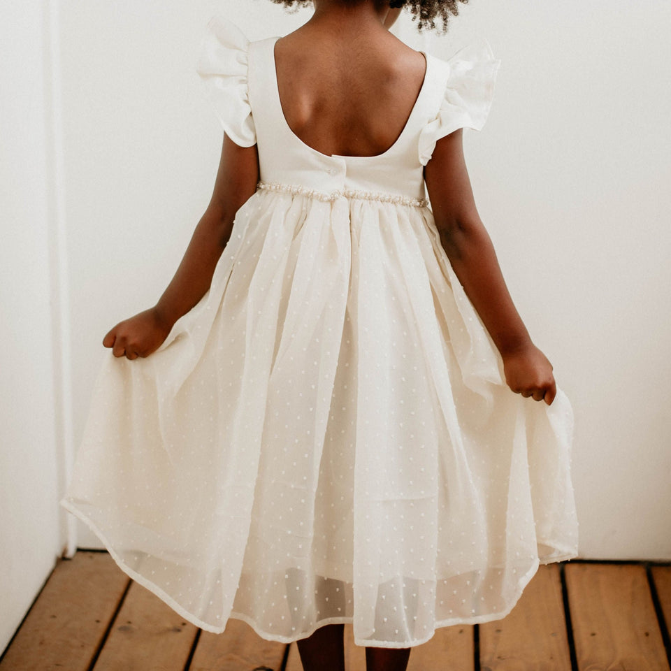 Little Girl's Ivory Swiss Dot Tulle Flower Girl Dress with Rhinestone Belt