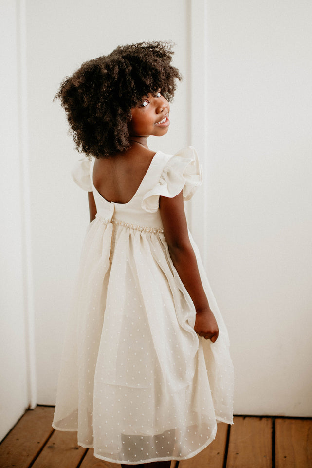 Little Girl's Ivory Swiss Dot Tulle Flower Girl Dress with Rhinestone Belt