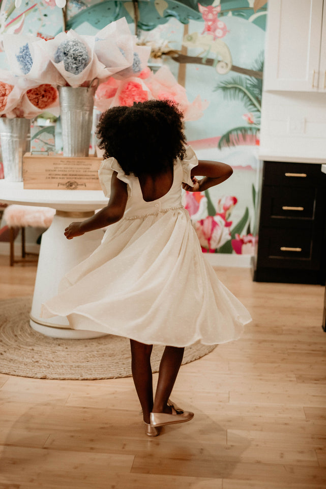 Little Girl's Ivory Swiss Dot Tulle Flower Girl Dress with Rhinestone Belt