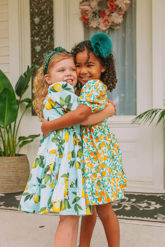 Little Girl's Lemon Print Puff Sleeve Twirl Dress
