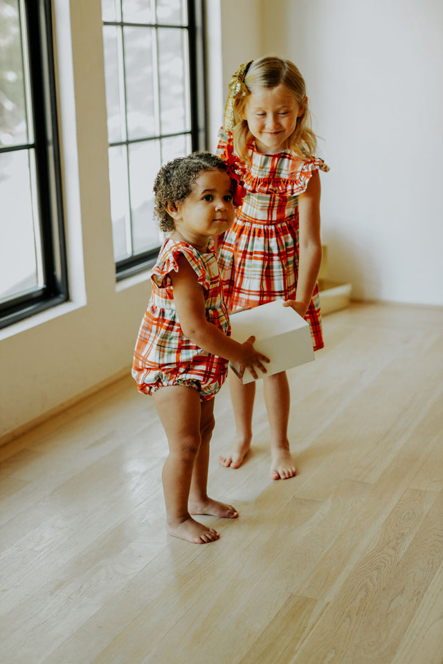 Little Girl's Bright Red and Green Christmas Tartan Ruffle Bib Dress