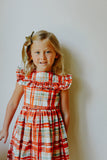 Little Girl's Bright Red and Green Christmas Tartan Ruffle Bib Dress