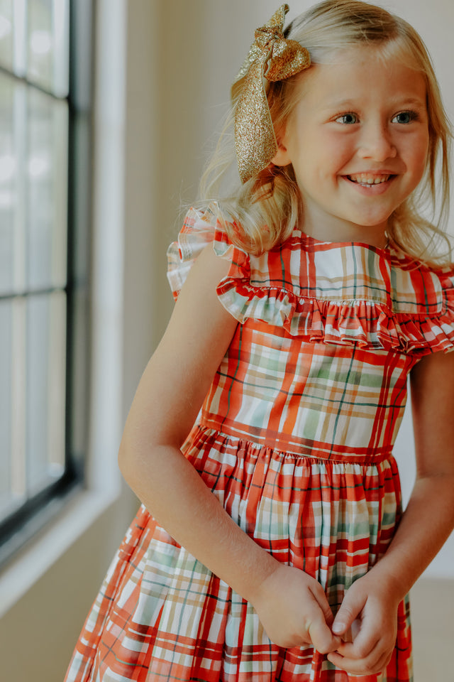 Little Girl's Bright Red and Green Christmas Tartan Ruffle Bib Dress