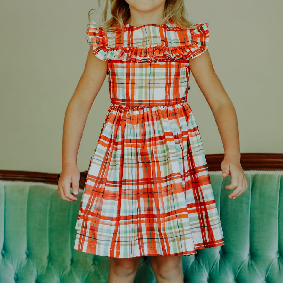 Little Girl's Bright Red and Green Christmas Tartan Ruffle Bib Dress