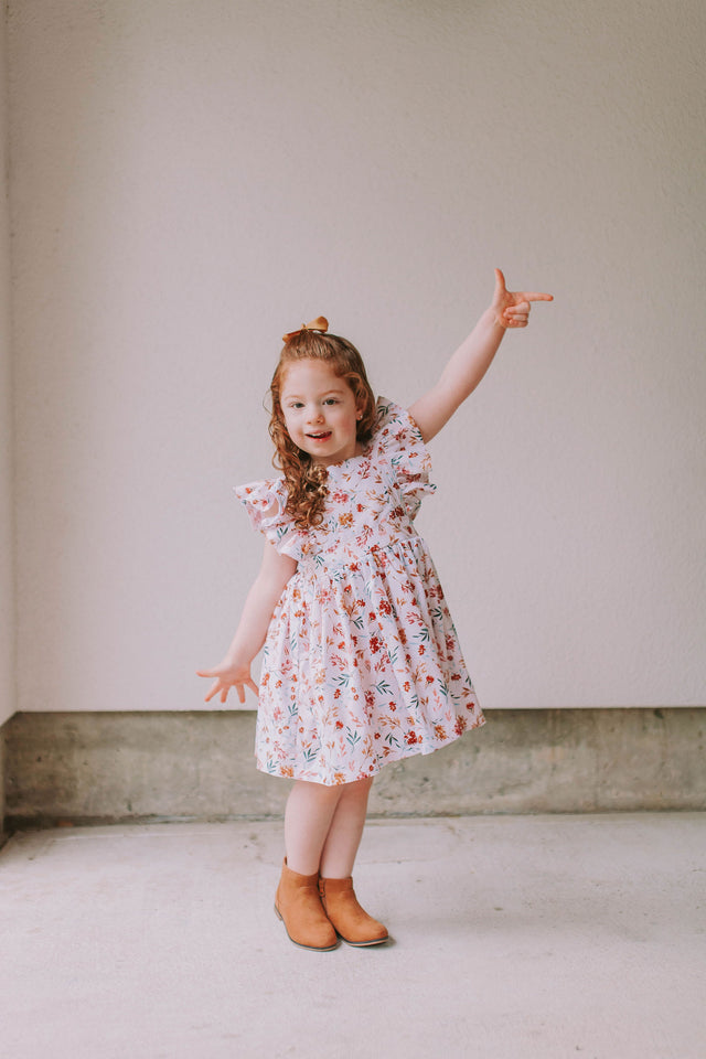 Little Girl's Muted Neutral Brown Floral Print Pinafore Dress