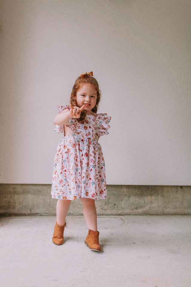 Little Girl's Muted Neutral Brown Floral Print Pinafore Dress