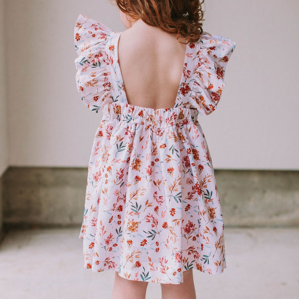 Little Girl's Muted Neutral Brown Floral Print Pinafore Dress