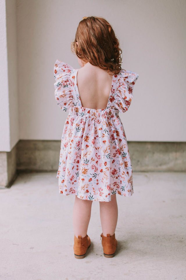 Little Girl's Muted Neutral Brown Floral Print Pinafore Dress
