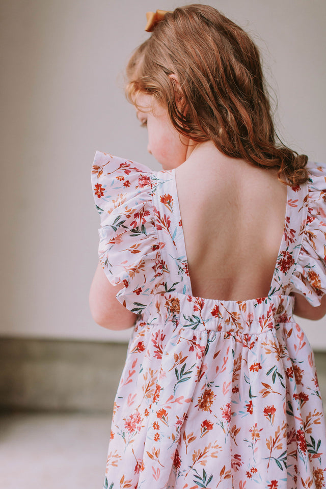 Little Girl's Muted Neutral Brown Floral Print Pinafore Dress