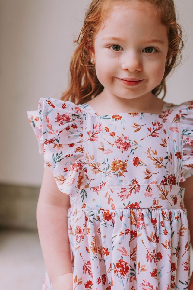Little Girl's Muted Neutral Brown Floral Print Pinafore Dress