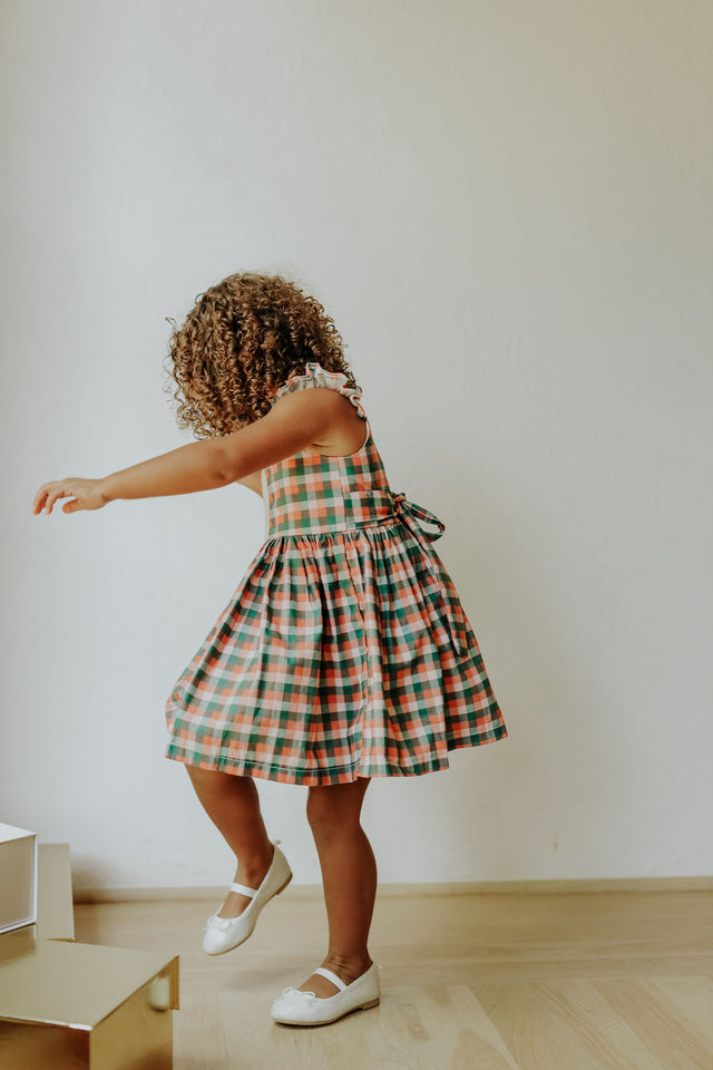 Little Girls Muted Plaid Christmas Dress with Ivory Trim