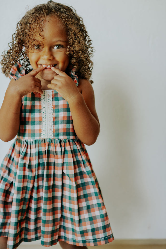 Little Girls Muted Plaid Christmas Dress with Ivory Trim