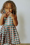 Little Girls Muted Plaid Christmas Dress with Ivory Trim