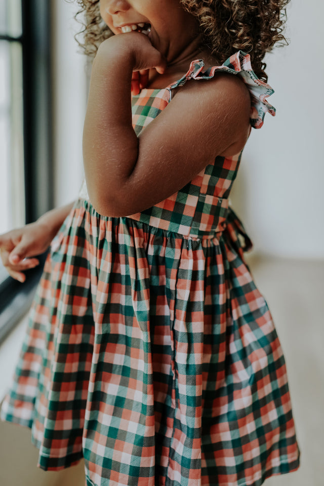 Little Girls Muted Plaid Christmas Dress with Ivory Trim