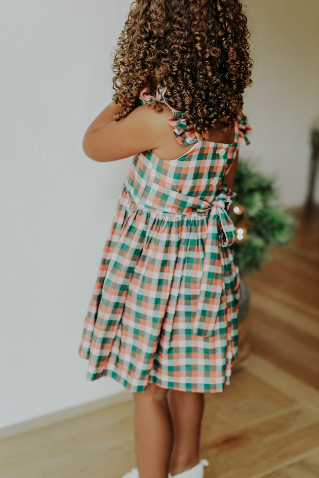 Little Girls Muted Plaid Christmas Dress with Ivory Trim