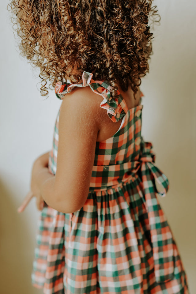 Little Girls Muted Plaid Christmas Dress with Ivory Trim