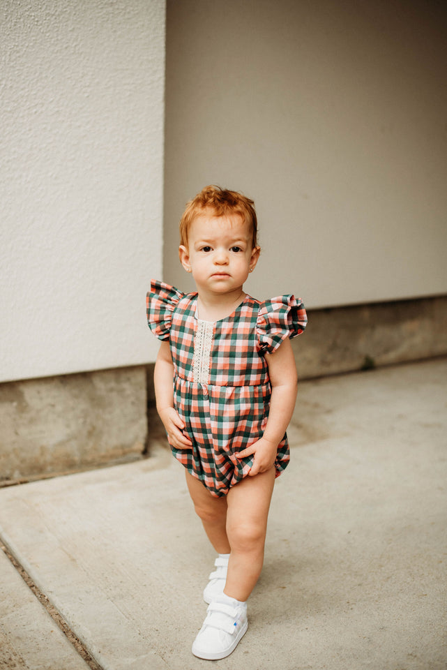 infant girls muted christmas tartan plaid bubble romper