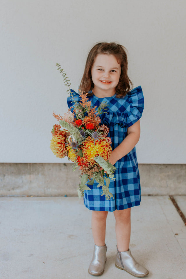 little girls navy and blue plaid ruffle sleeve shift dress