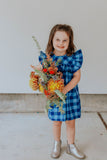 little girls navy and blue plaid ruffle sleeve shift dress