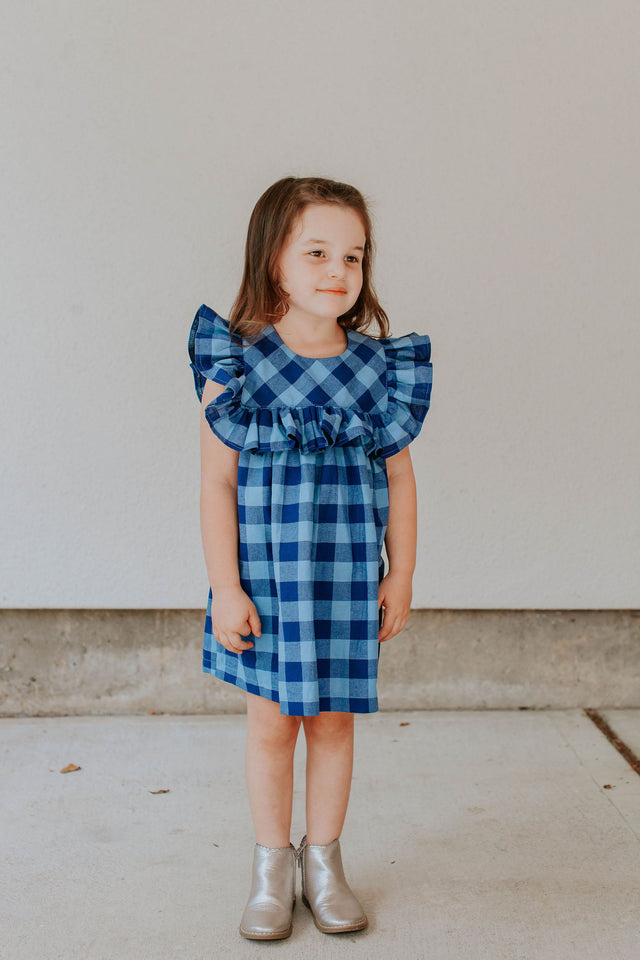navy and blue ruffle collar girls dress