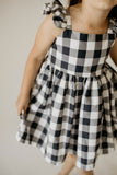 Girl's Navy and Buffalo Plaid Cotton Flutter Sleeve Dress