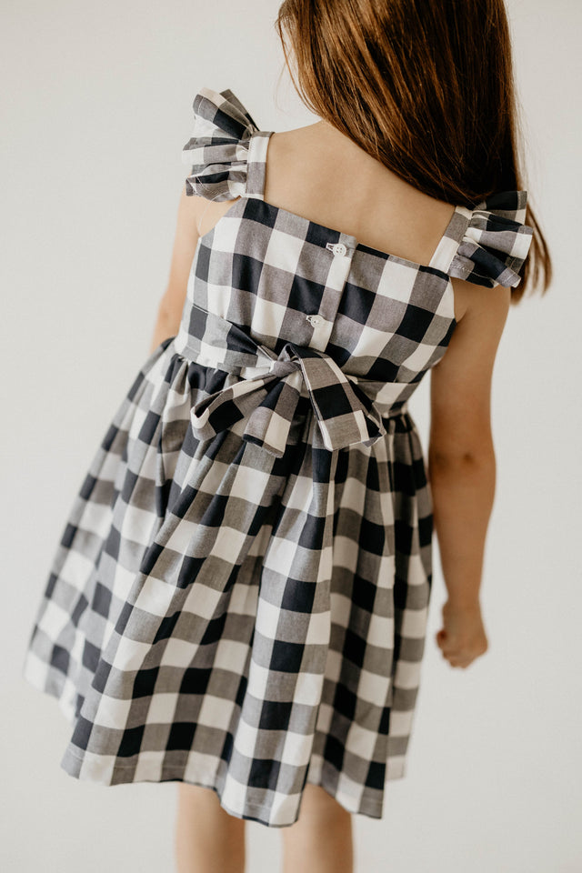 Girl's Navy and Buffalo Plaid Cotton Flutter Sleeve Dress