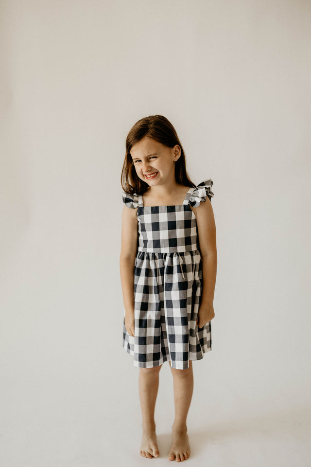 Girl's Navy and Buffalo Plaid Cotton Flutter Sleeve Dress