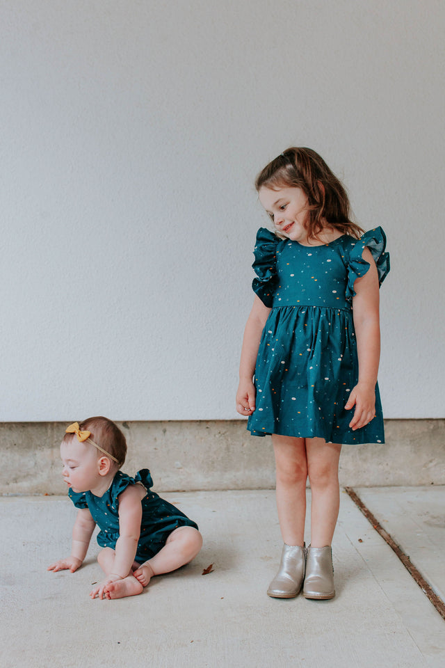 Infant Girl's Navy Stargazing Print Ruffle Sleeve Bubble Romper